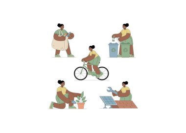 Bu illüstrasyon derlemesinde, çevre dostu ve sürdürülebilir faaliyetlere aktif olarak katılan bir kadın, çevre bilinci ve sorumluluğunu vurgulamaktadır..