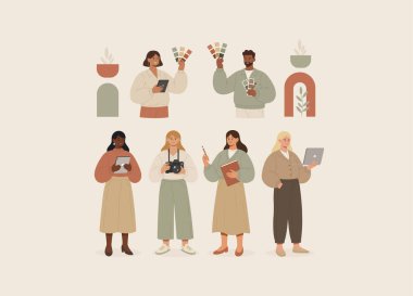 Düz, minimalist vektör tarzında yaratıcı profesyonellerin çeşitli bir koleksiyonu.