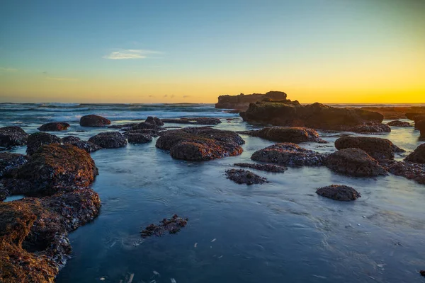 Playa Durante Marea Baja Increíble Paisaje Marino Piedras Cubiertas Por — Foto de Stock