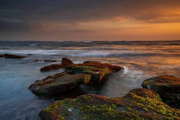 Güzel deniz manzarası. Deniz yosunlarıyla kaplı taşlarla dolu bir sahil. Dalgalar çekildi. Doğanın bileşimi. Hareket suyu. Güneşli bulutlu bir gökyüzü. Kapama hızı yavaş. Yumuşak odaklanma. Mengening Plajı, Bali, Endonezya