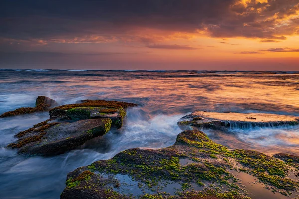 美丽的海景 海滩上铺满了海藻 自然的组成 移动的水 多云的天空 阳光灿烂 慢速快门速度 集中精神Mengening海滩 印度尼西亚巴厘 — 图库照片