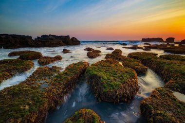 İnanılmaz bir deniz manzarası. Hareket eden dalgalı okyanus. Düşük lide. Yeşil yosun ve yosunlarla kaplı taşlar. Doğa geçmişi kavramı. Gün batımı manzarası. Uzun pozlama. Yumuşak odaklanma. Mengening Plajı, Bali, Endonezya