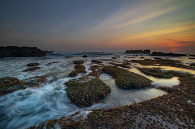 İnanılmaz bir deniz manzarası. Hareket eden dalgalı okyanus. Düşük lide. Yeşil yosun ve yosunlarla kaplı taşlar. Doğa geçmişi kavramı. Gün batımı manzarası. Uzun pozlama. Yumuşak odaklanma. Mengening Plajı, Bali, Endonezya