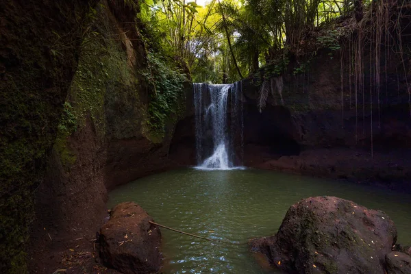 Waterfall Landscape Beautiful Hidden Waterfall Tropical Rainforest Foreground Big Stone — Stock Photo, Image