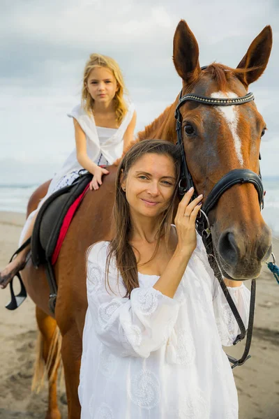 Horse Riding Beach Cute Little Girl Horse Her Mom Stroking — Stock Photo, Image