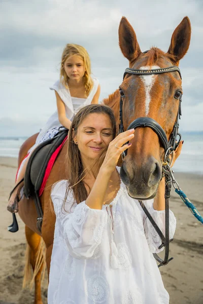 Horse Riding Beach Cute Little Girl Horse Her Mom Stroking — Stock Photo, Image