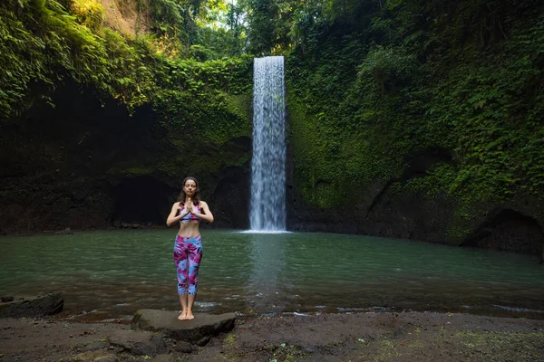 Caucasian Woman Standing Stone Practicing Yoga Waterfall Hands Namaste Mudra — Stock Photo, Image