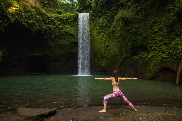 Yoga Waterfall Young Woman Practicing Virabhadrasana Warrior Pose Standing Asana — Stock Photo, Image