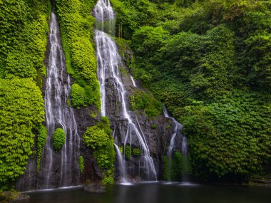 Şelale manzarası. Güzel tropikal yağmur ormanları. Doğa geçmişi. Macera ve seyahat konsepti. Doğal ortam. Yavaş deklanşör hızı, hareket fotoğrafçılığı. Banyumala Şelalesi, Bali, Endonezya