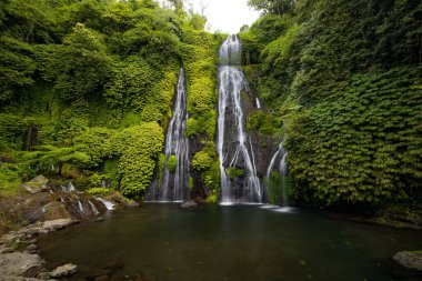 Yüzmek için kocaman göleti olan bir şelale. Tropik bir manzara. Doğa geçmişi. Seyahat macerası konsepti. Çevre konsepti. Yavaş deklanşör hızı, hareket fotoğrafçılığı. Banyumala Şelalesi, Bali Endonezya