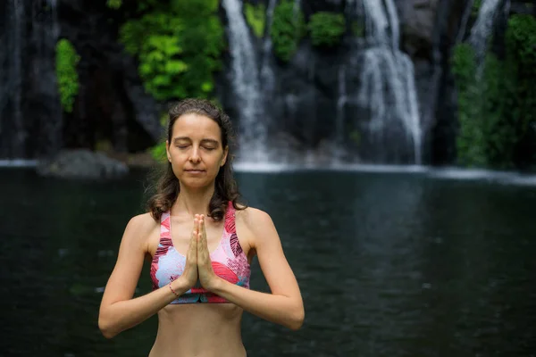 Hands Raising Namaste Mudra Yoga Waterfall Young Woman Meditating Practicing — Stock Photo, Image