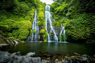 Şelale manzarası. Tropik bir manzara. Doğa geçmişi. Macera ve seyahat konsepti. Doğal ortam. Yavaş deklanşör hızı, hareket fotoğrafçılığı. Banyumala Şelalesi, Bali, Endonezya