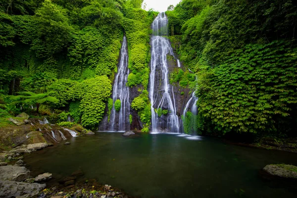 Yüzmek için kocaman göleti olan bir şelale. Tropik bir manzara. Doğa geçmişi. Seyahat macerası konsepti. Çevre konsepti. Yavaş deklanşör hızı, hareket fotoğrafçılığı. Banyumala Şelalesi, Bali Endonezya