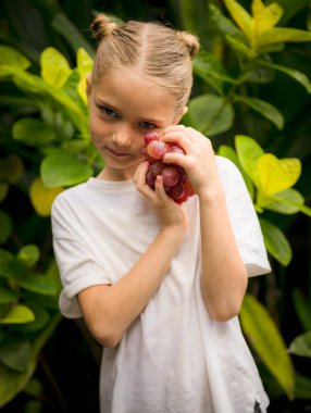 Küçük kız yüzünün yanında bir demet kırmızı üzüm tutuyor. Meyveye odaklan. Yeşil tropik yapraklar arka planda. Organik meyve konsepti. Sağlıklı bir yaşam tarzı. Bali, Endonezya