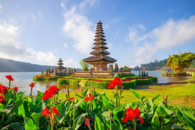 Bali adasındaki Pura Ulun Danu Bratan tapınağı. Güzel bale tapınağı. Bali 'nin simgesi. Beyaz bulutlu mavi gökyüzü. Kırmızı çiçekli ön plan. Bratan Gölü, Bedugul, Bali, Endonezya