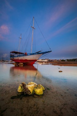 Okyanus kıyısında terk edilmiş eski bir gemi. Bozuk gemi. Kumsal. Gün batımı manzarası. Pembe hareket bulutlu mavi gökyüzü. Dikey yerleşim. Uzayı kopyala Benoa Limanı, Bali, Endonezya.