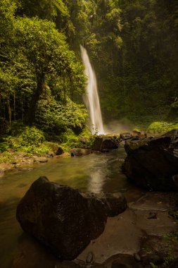 Şelale manzarası. Tropikal yağmur ormanlarında saklı güzel bir şelale. Büyük taşlı ön plan. Yavaş deklanşör hızı, hareket fotoğrafçılığı. Seyahat ve macera. Nung Nung Şelalesi, Bali, Endonezya