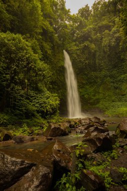 Şelale manzarası. Tropikal yağmur ormanlarında saklı güzel bir şelale. Büyük taşlı ön plan. Yavaş deklanşör hızı, hareket fotoğrafçılığı. Seyahat ve macera. Nung Nung Şelalesi, Bali, Endonezya