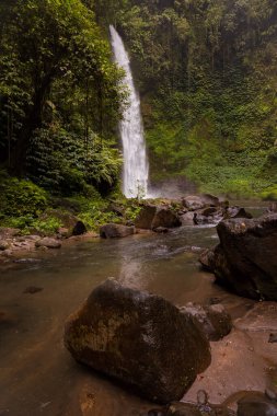 Şelale manzarası. Tropikal yağmur ormanlarında saklı güzel bir şelale. Büyük taşlı ön plan. Yavaş deklanşör hızı, hareket fotoğrafçılığı. Seyahat ve macera. Nung Nung Şelalesi, Bali, Endonezya