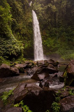 Şelale manzarası. Tropikal yağmur ormanlarında saklı güzel bir şelale. Büyük taşlı ön plan. Yavaş deklanşör hızı, hareket fotoğrafçılığı. Seyahat ve macera. Nung Nung Şelalesi, Bali, Endonezya