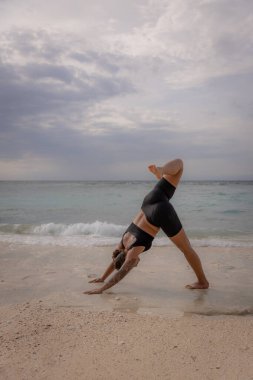 Bali 'de yoga. Genç kadın Eka Pada Adho Mukha Svanasana, Tek Ayaklı İt. Sağlam vücut, düz sırt. Sağlıklı bir yaşam tarzı. Okyanus manzaralı. Yoga inzivası. Uzayı kopyala Thomas Sahili, Bali