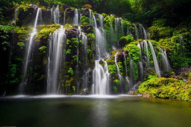 Tropik bir manzara. Yağmur ormanlarında saklı güzel bir şelale. Macera ve seyahat konsepti. Doğa geçmişi. Yavaş deklanşör hızı, hareket fotoğrafçılığı. Banyu Wana Amertha Şelalesi Bali, Endonezya