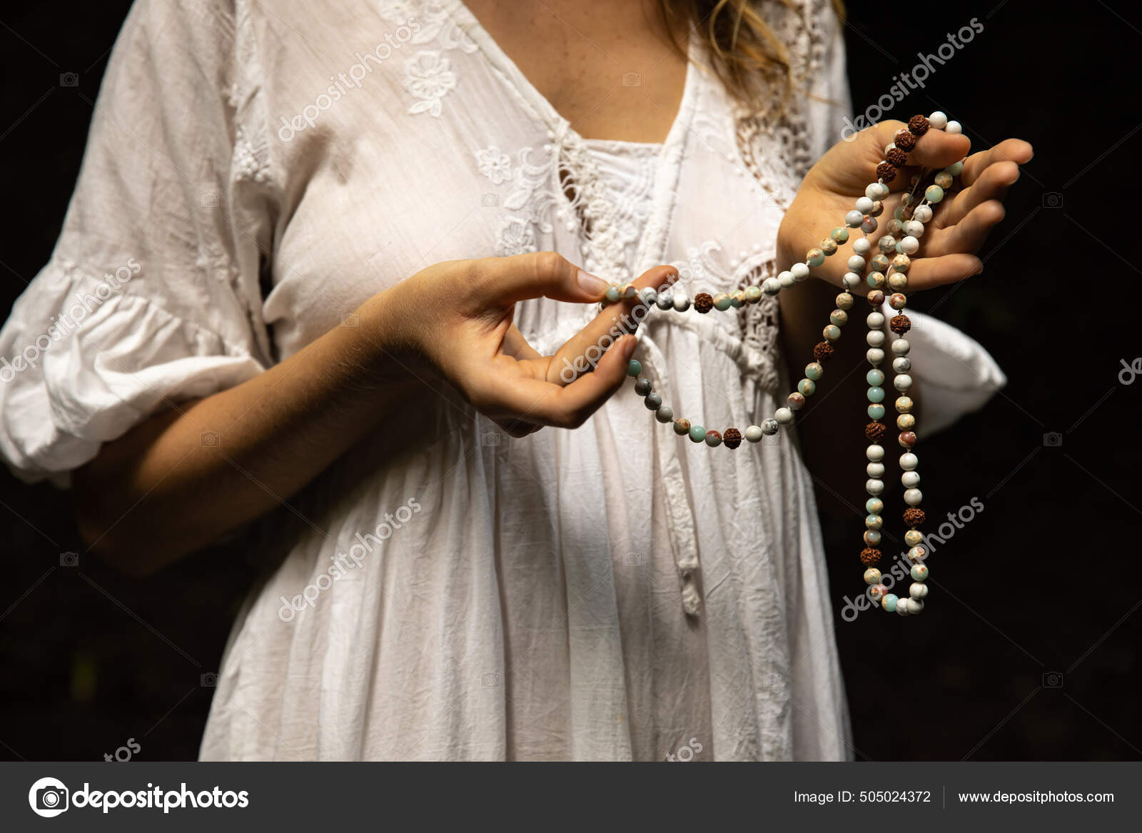 Japa Mala 108 Beads Natural Stones Woman's Hands Close Pray Stock Photo by  ©OlgaGauri 505024372