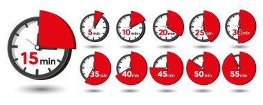 5, 10, 15, 20, 25, 30, 40, 45, 50, 55 Dakika Analog Saat Simgeleri. Vektör Zaman Sembolü
