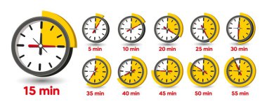 5, 10, 15, 20, 25, 30, 40, 45, 50, 55 Dakika Analog Saat Simgeleri. Vektör Zaman Sembolü