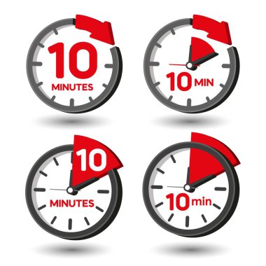 - 10 dakika. Zaman simgesi. 10 dakika gösteren vektör saatleri ve zamanlayıcılar