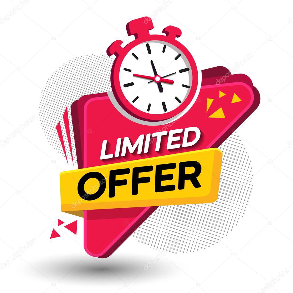 Limited offer tag with a clock for promotion, banner, price. Countdown timestamp for sale offers, special offer. Limited time alarm clock.