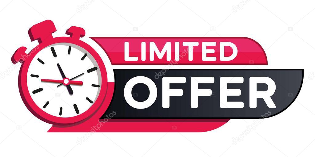 Limited offer tag with a clock for promotion, banner, price. Banner ribbon limited offer with stop watch. Countdown timestamp for sale offers, special offer. Limited time alarm clock. 