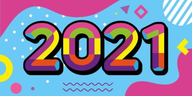 Mutlu yıllar 2021. Memphis tarzında renkli numaralar. Mutlu yıllar 2021 numaralı parlak afiş.