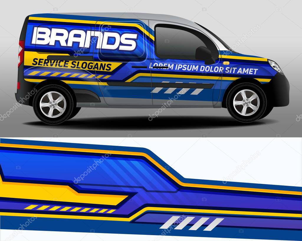  Car design development for the company. Vector design of delivery van. Car sticker. Blue with yellow background for car vinyl sticker