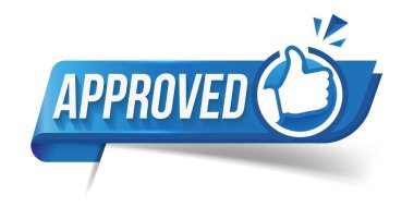 Onaylanmış simge. Mavi etiket baş parmak havada kabul edilir. Rozet test edildi ve doğrulandı. Kalite kontrol simgesinin vektör illüstrasyonu onaylandı. Promosyon için logolu ürün.