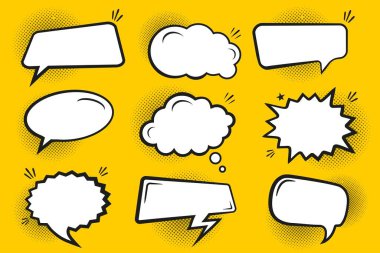 Boş karikatür baloncukları ve pop sanat tarzında siyah gölgeli elementler. Komik konuşma. Soyut yaratıcı vektör koleksiyonu beyaz balon çizgi romanı. Pencere diyaloğu. Satılık boş beyaz afiş.