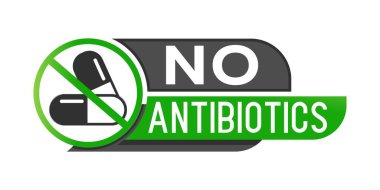 Beyaz arka planda antibiyotik pankartı yok. Vektör logosu doğal sağlıklı ürünler. Antibiyotiksiz gıda etiketi.