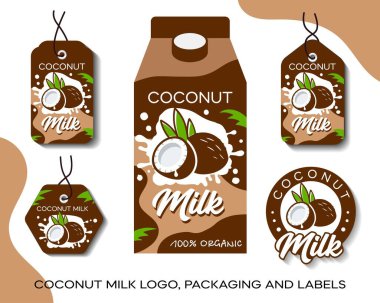Hindistan cevizli süt logosu, paketleme ve laboratuvar. Organik hindistan cevizi süt etiketleri. Sütlü hindistan cevizi ikonu. Ağ için hindistan cevizi taşıyıcı paketi, yazdır