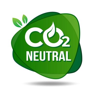 CO2 nötr yeşil amblem. Yeşil karbon nötr etiket. Endüstriyel üretim yeşil iz, karbon emisyonu yok, hava kirliliği yok.