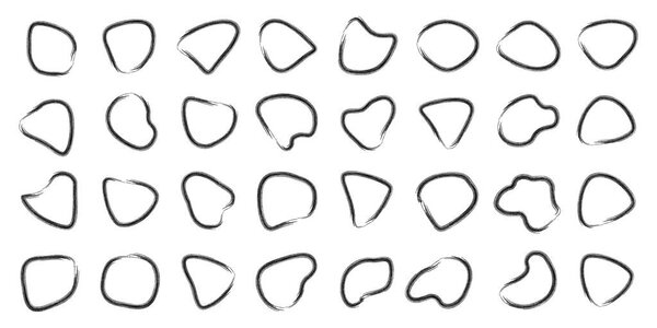 MARKER of free form. Abstract black spots, ink drops and pebble silhouettes. Collection of round spots of irregular shape.