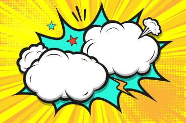 Konuşma baloncuğu patlaması pop sanat tarzında. Çizgi roman sayfası arka plan şablonu balonlar, semboller, ses efektleri ve yarım ton arkaplan rengi.