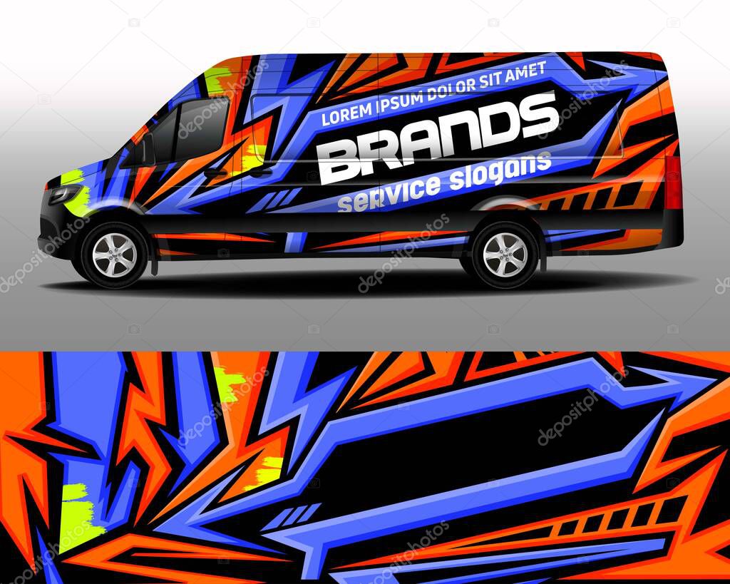 Delivery van vector design. Car sticker. Car design development for the company. Purple and orange stripes on black background for car vinyl decal