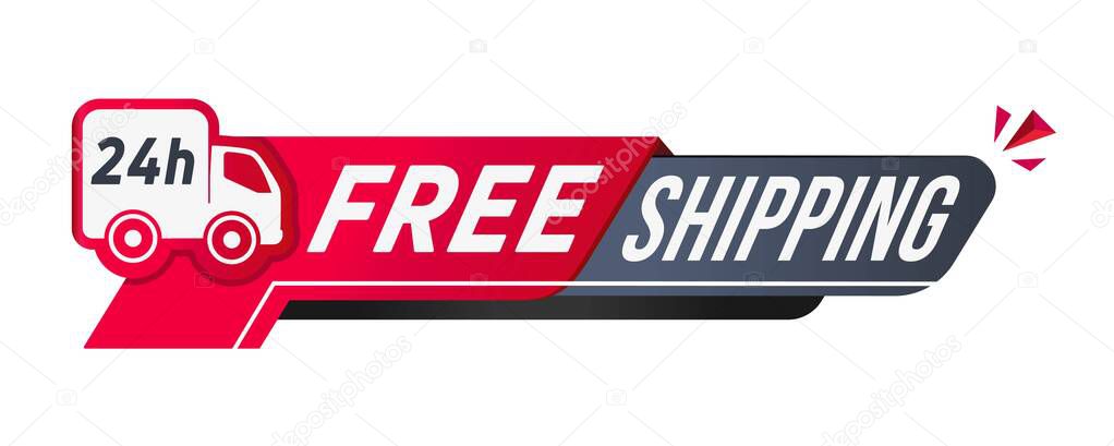 Free shipping. Cardboard box icon. Shipping label for online order in online store with e-commerce text badge with free shipping service logo.