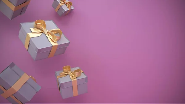 Pembe arka planda hediye kutularına düşme fikri. Yeni yıl hediyesi. 3B illüstrasyon