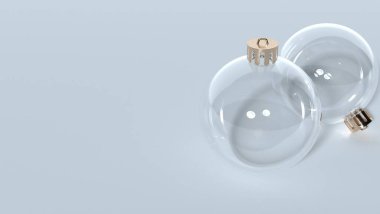 Ağaç için iki şeffaf noel topu mavi arka planda, 3D görüntüleme