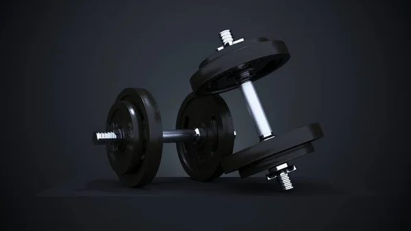 3D görüntüleme, siyah arka planda fitness ve vücut geliştirme için iki siyah profesyonel dambıl