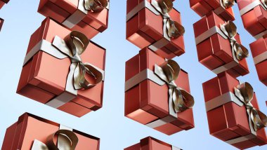 3D görüntüleme. Hediye seti. Açık mavi arkaplanda koleksiyon gerçekçi hediye sunar