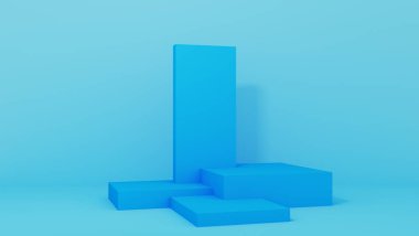 Mavi arkaplanda çerçeveleri olan ürün yerleştirme podyumu