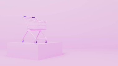 3D görüntüleme. Pembe arka planda pembe market arabası. Satın alma kavramı