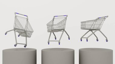 3D görüntüleme. Gri arka planda uçan arabalar. Satın alma ve satış kavramı